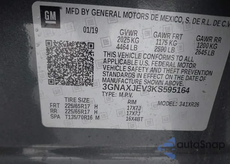 2019 Chevrolet Equinox Lt from USA, damaged, VIN 3GNAXJEV3KS595164